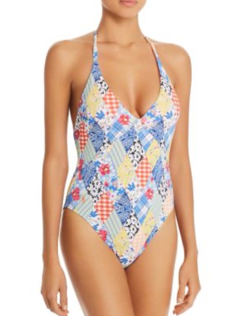 Polo Ralph Lauren Deep Plunge Halter Patchwork One Piece Bathing Suit. Size 4